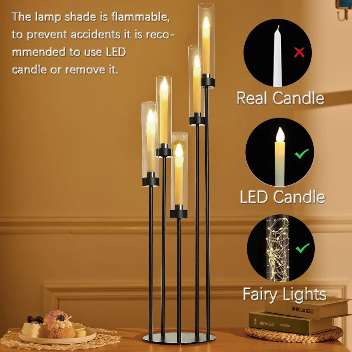 2PCS 39.8" Tall Matte Black Candelabra, 5 Arm Candle Holder with Acrylic Lampshade for Wedding Centerpiece Living Room Dining Room Fireplace Decor Gift