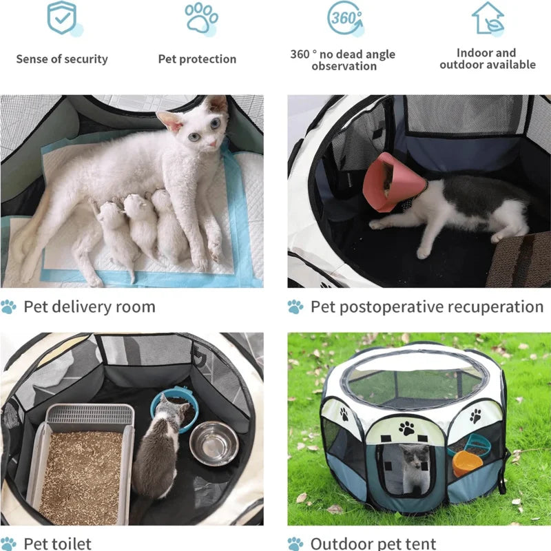 Portable Foldable Pet Tent Octagonal Waterproof Cat Dog Rabbit Fence With Removable Awning