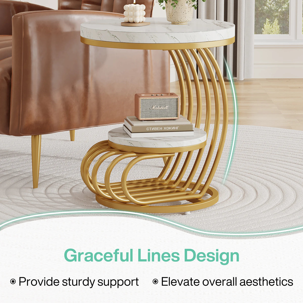 Tribesigns Modern Round End Table With Faux Marble Storage Shelf