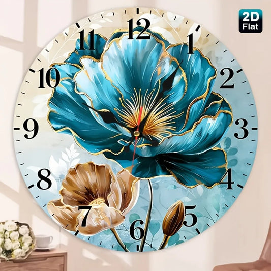 1pc Teal & Golden Botanical Wall Clock - Wood Round Nursery Clock Suitable for Nursery, Dining Room, Office Decor, Minimalist Sh