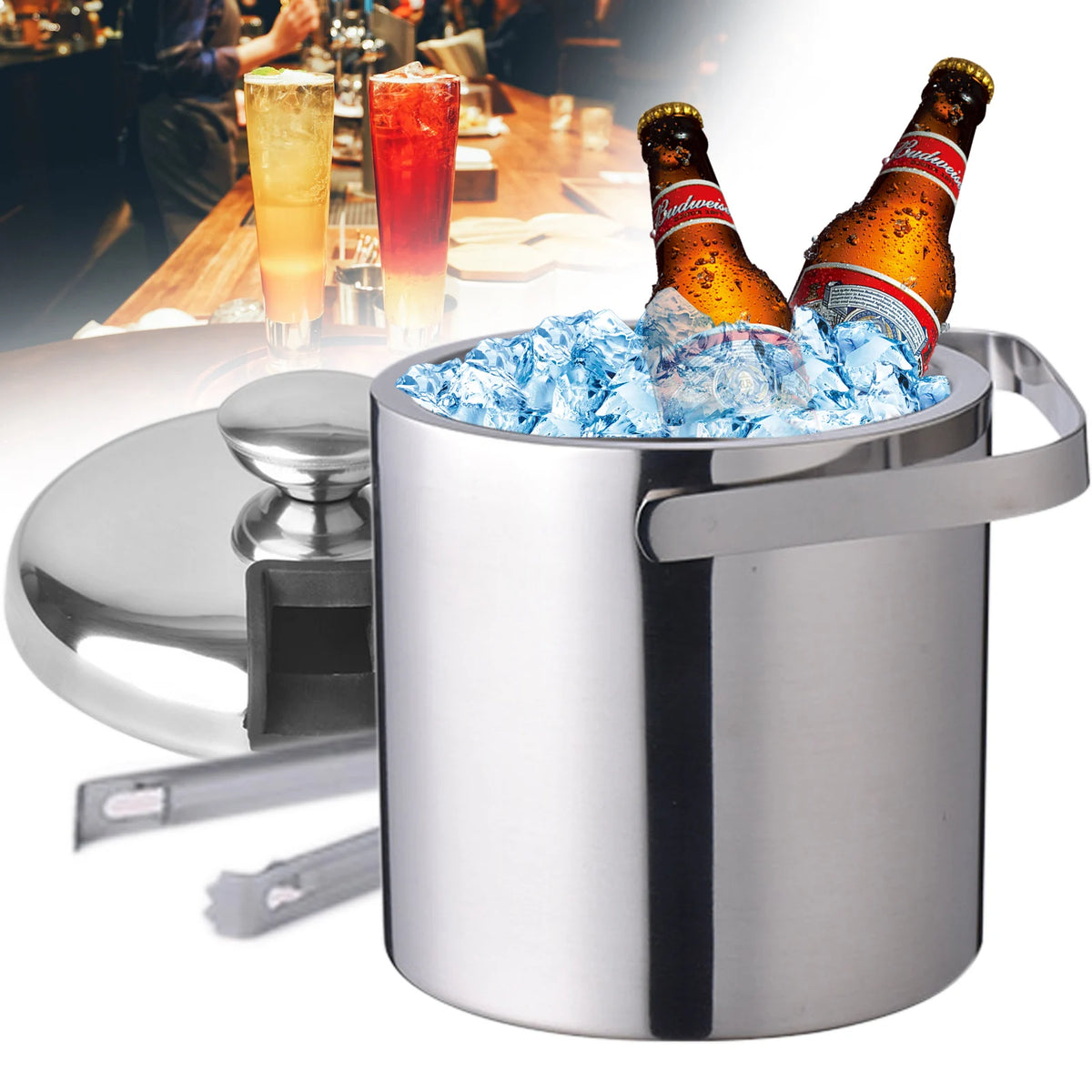 Double Wall Stainless Steel Ice Bucket With Tongs And Lid