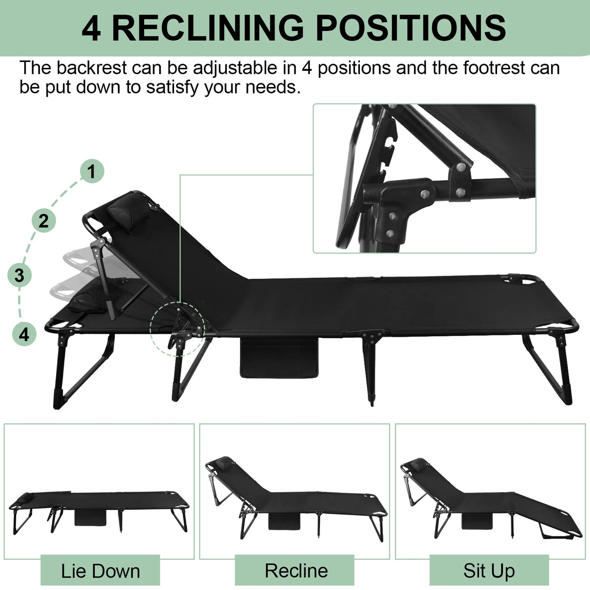 Portable Folding Camping Cot - 3-Position Adjustable Reclining Lounge Chair with Pillow, Outdoor Sleeping Bed (68cm Wide)