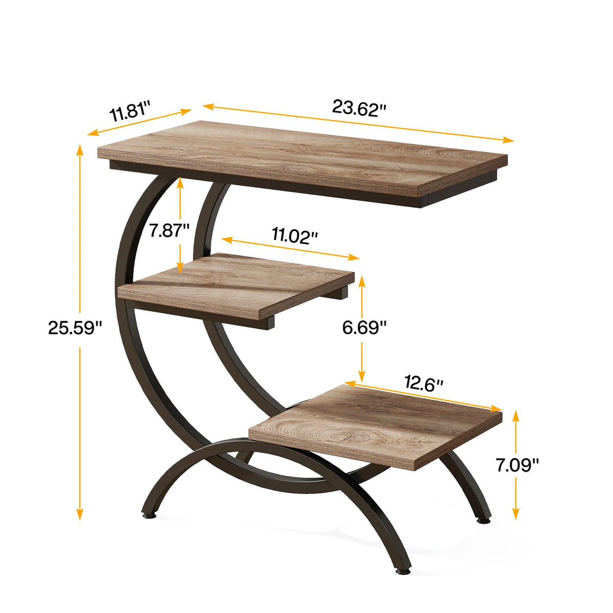 Tribesigns C-Shaped Industrial End Table With Three Storage Shelves