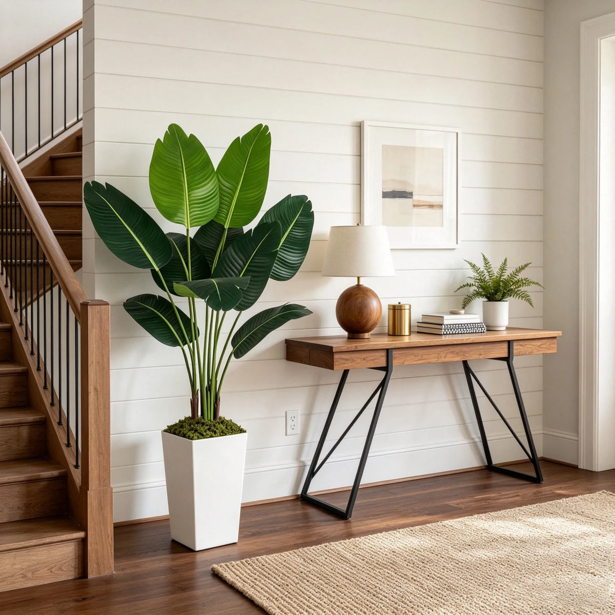 125cm Bird of Paradise Artificial Plant 5FT - Faux Tropical Palm Tree with White Tall Planter - Fake Floor Plant Potted - Artificial Silk Tree for Home Office Living Room Decor Indoor