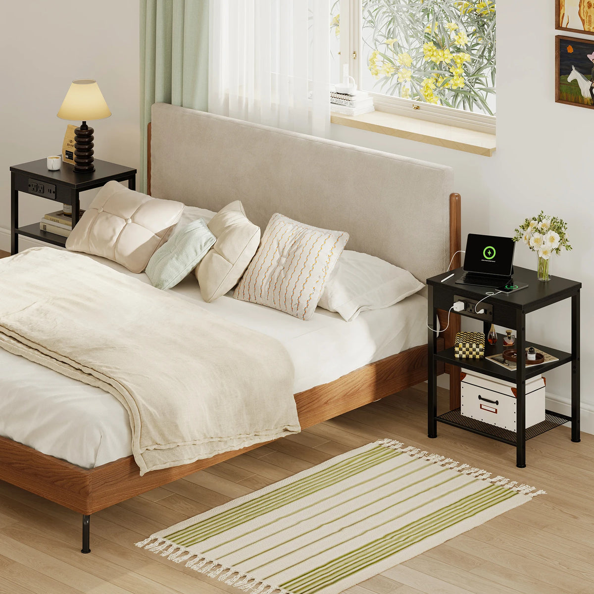 JHK Three Tier Side Table With Charging Station USB Ports
