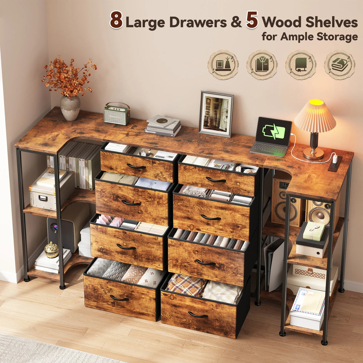 EnHomee Modern TV Stand Dresser With Dual Power Outlets