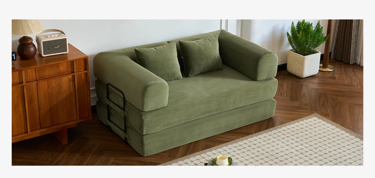 Modern Foldable Convertible Futon Sleeper Sofa With L Shaped Armrests