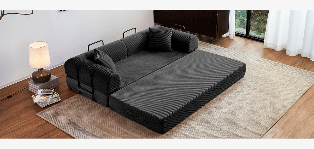 Modern Foldable Convertible Futon Sleeper Sofa With L Shaped Armrests