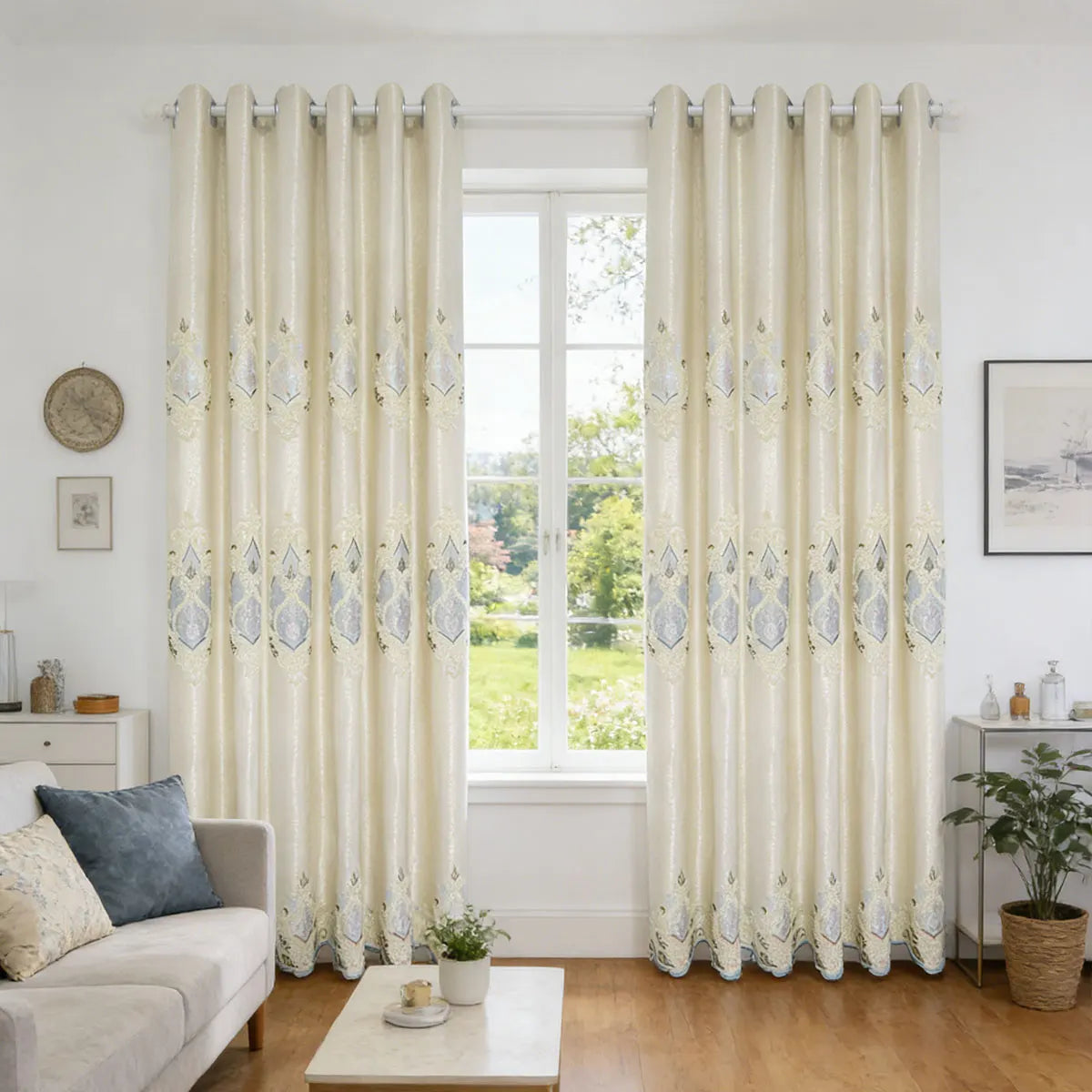 2 Panels European Embroidered Blackout Curtains, High Density Noise Reducing Window Drapes, Luxury Embroidery Window Curtains for Living Room Bedroom Balcony