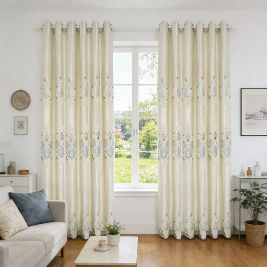 2 Panels European Embroidered Blackout Curtains, High Density Noise Reducing Window Drapes, Luxury Embroidery Window Curtains for Living Room Bedroom Balcony
