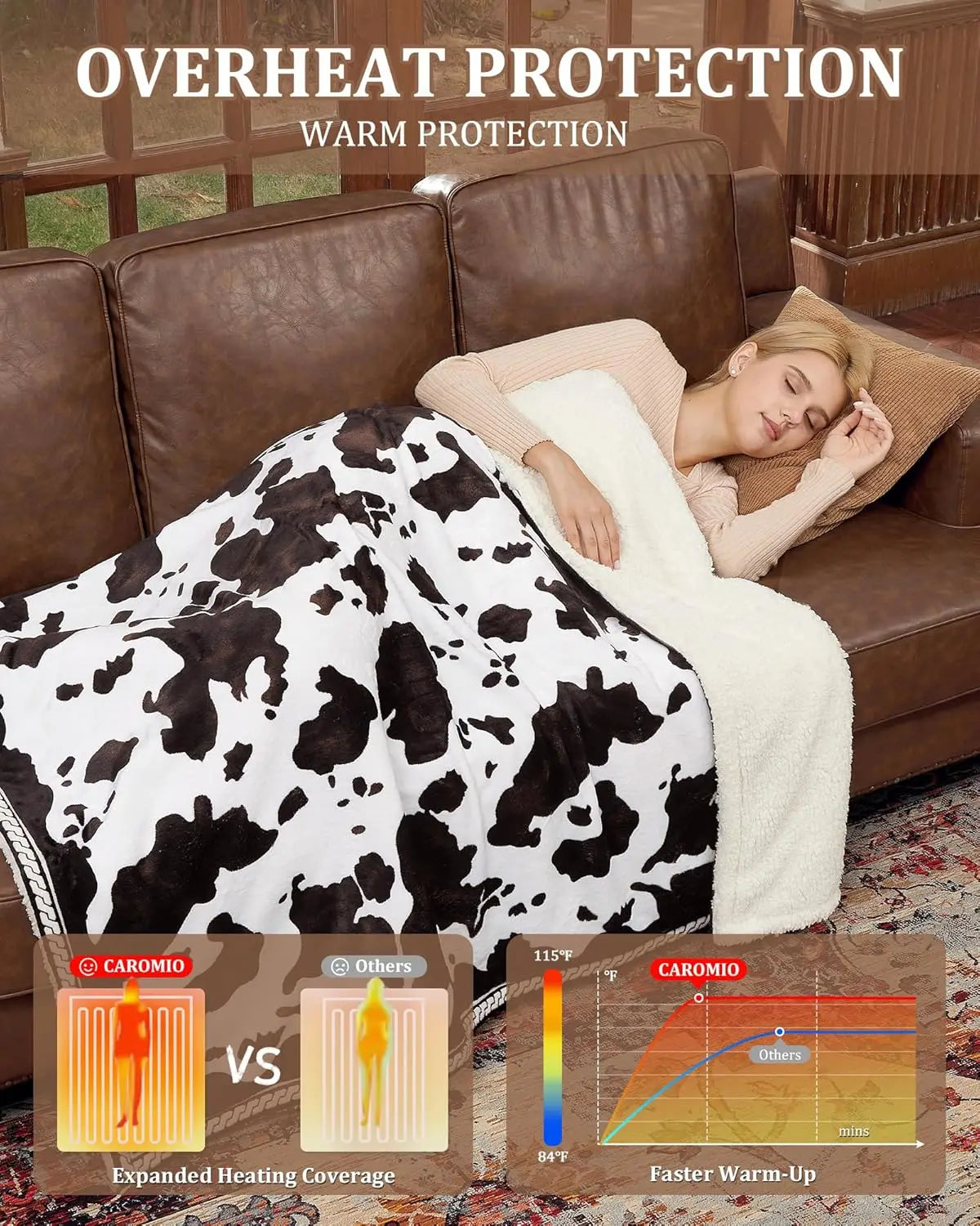 HiMISS Cow Print Heated Electric Blanket With LCD Controller