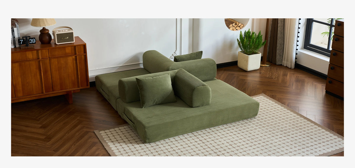 Modern Foldable Convertible Futon Sleeper Sofa With L Shaped Armrests