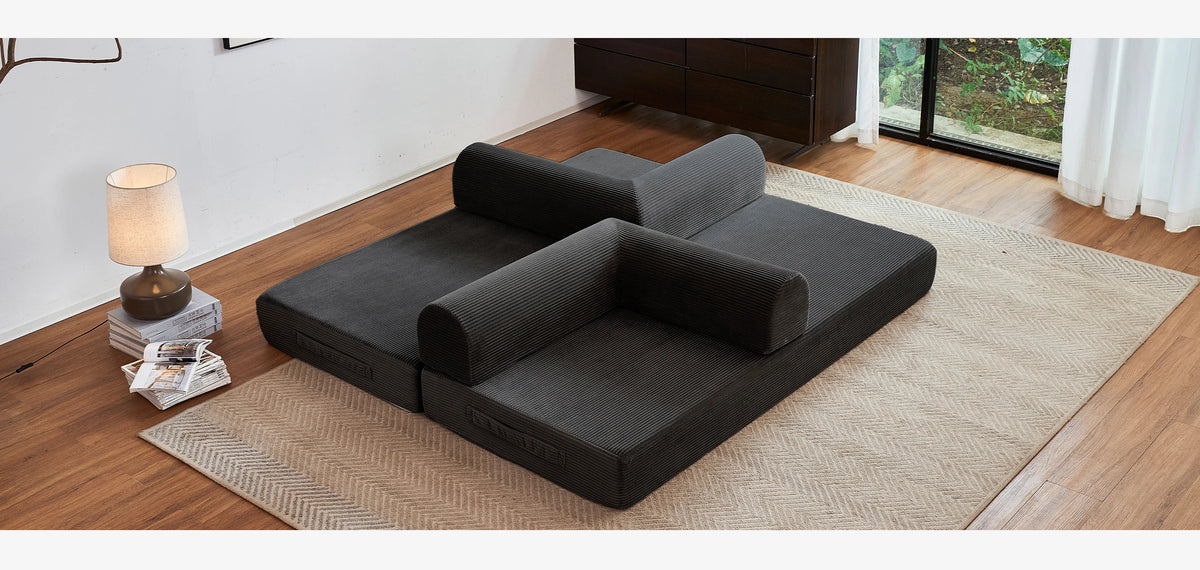 Modern Foldable Convertible Futon Sleeper Sofa With L Shaped Armrests