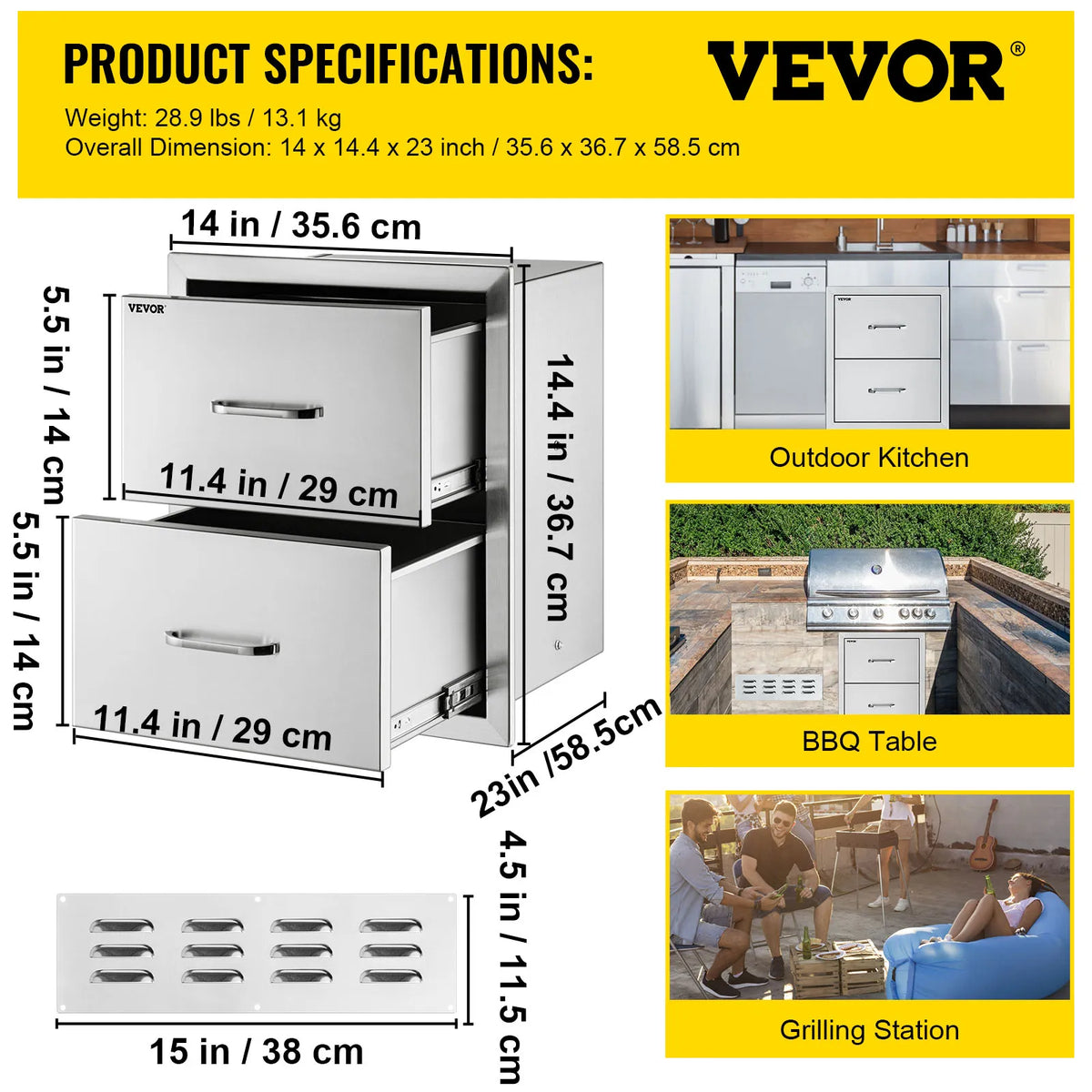 SucceBuy Stainless Steel Outdoor Kitchen Double Drawer Storage