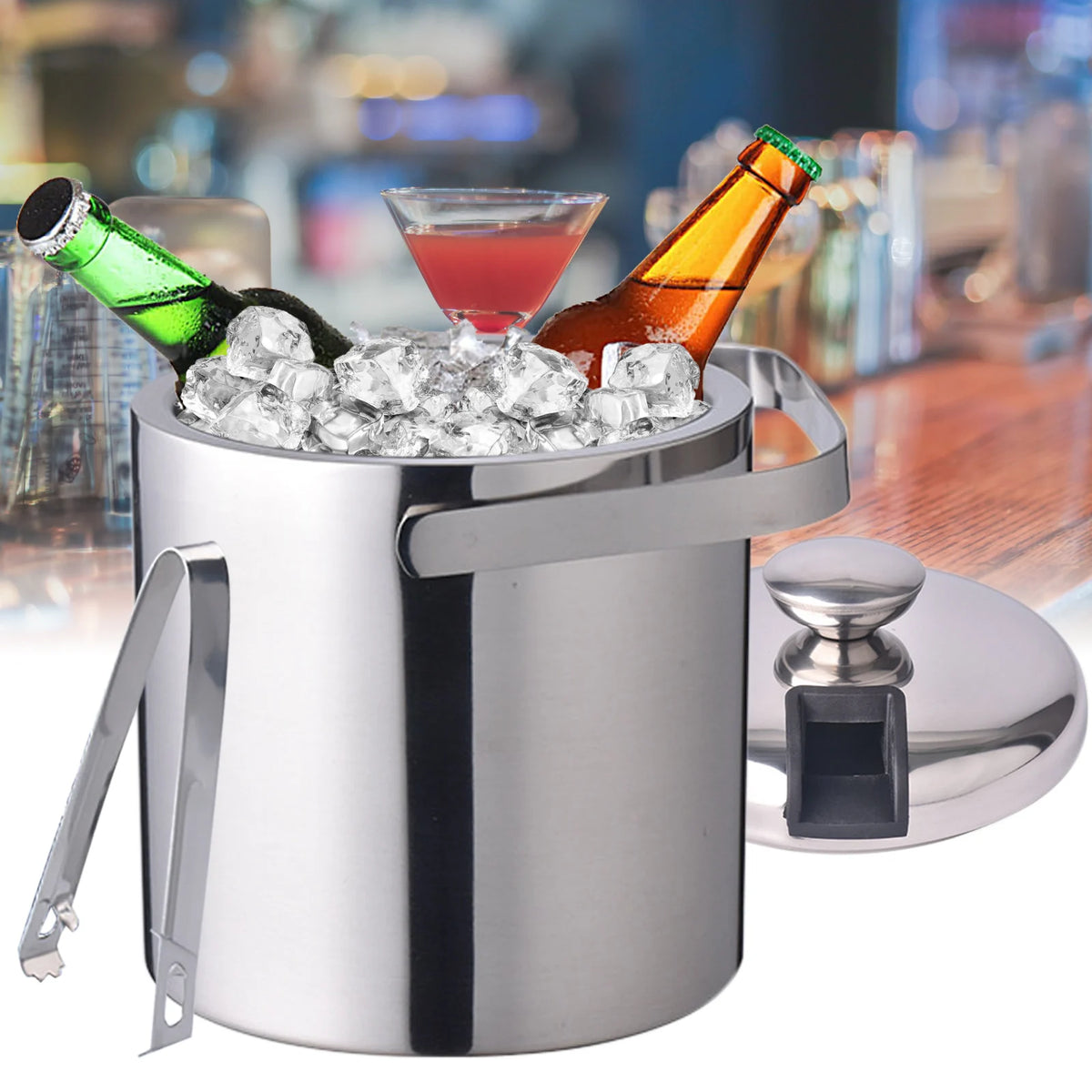 Double Wall Stainless Steel Ice Bucket With Tongs And Lid