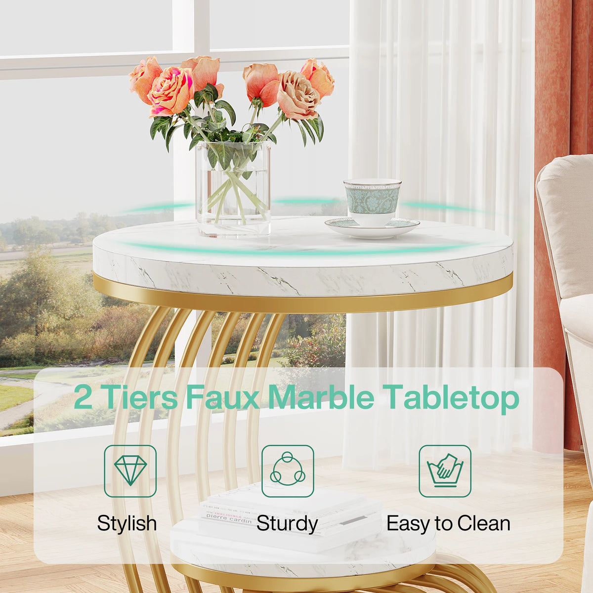 Tribesigns Modern Round End Table With Faux Marble Storage Shelf