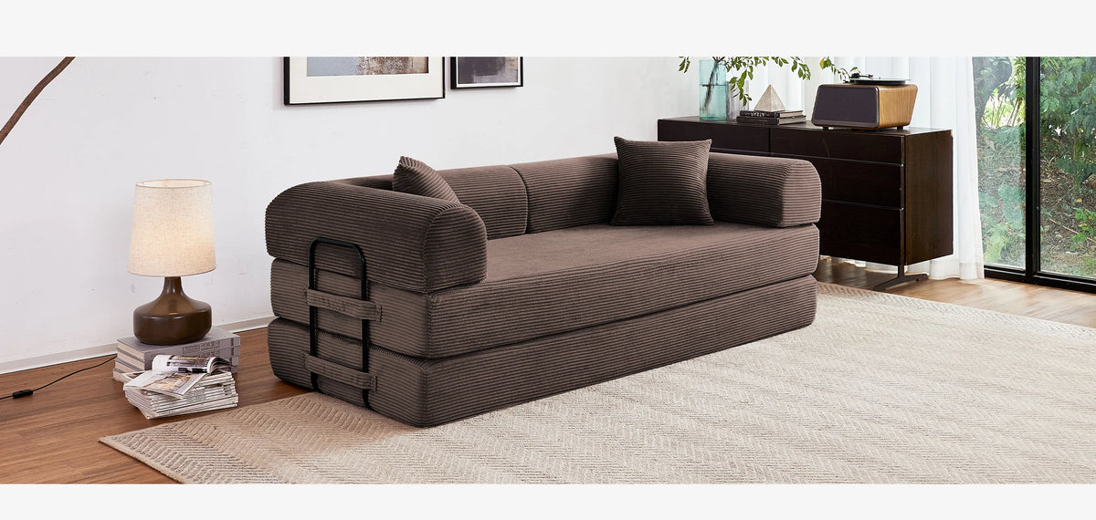 Modern Foldable Convertible Futon Sleeper Sofa With L Shaped Armrests