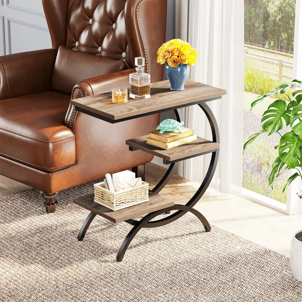 Tribesigns C-Shaped Industrial End Table With Three Storage Shelves