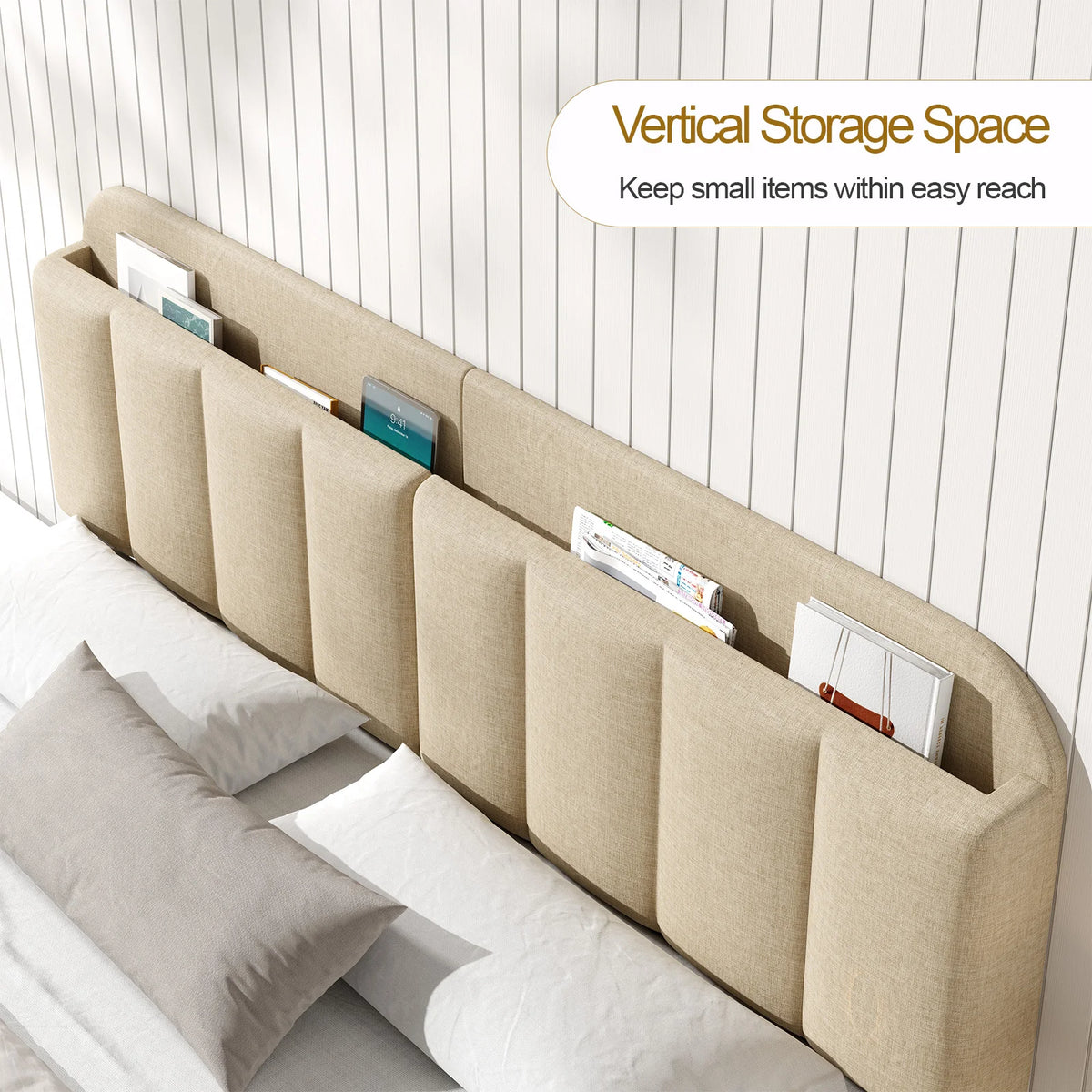 Adjustable Headboard for Full King Size Bed Frame,Linen Fabric Bed Headboard Storage & RGB LED Light in Vertical Channel Design