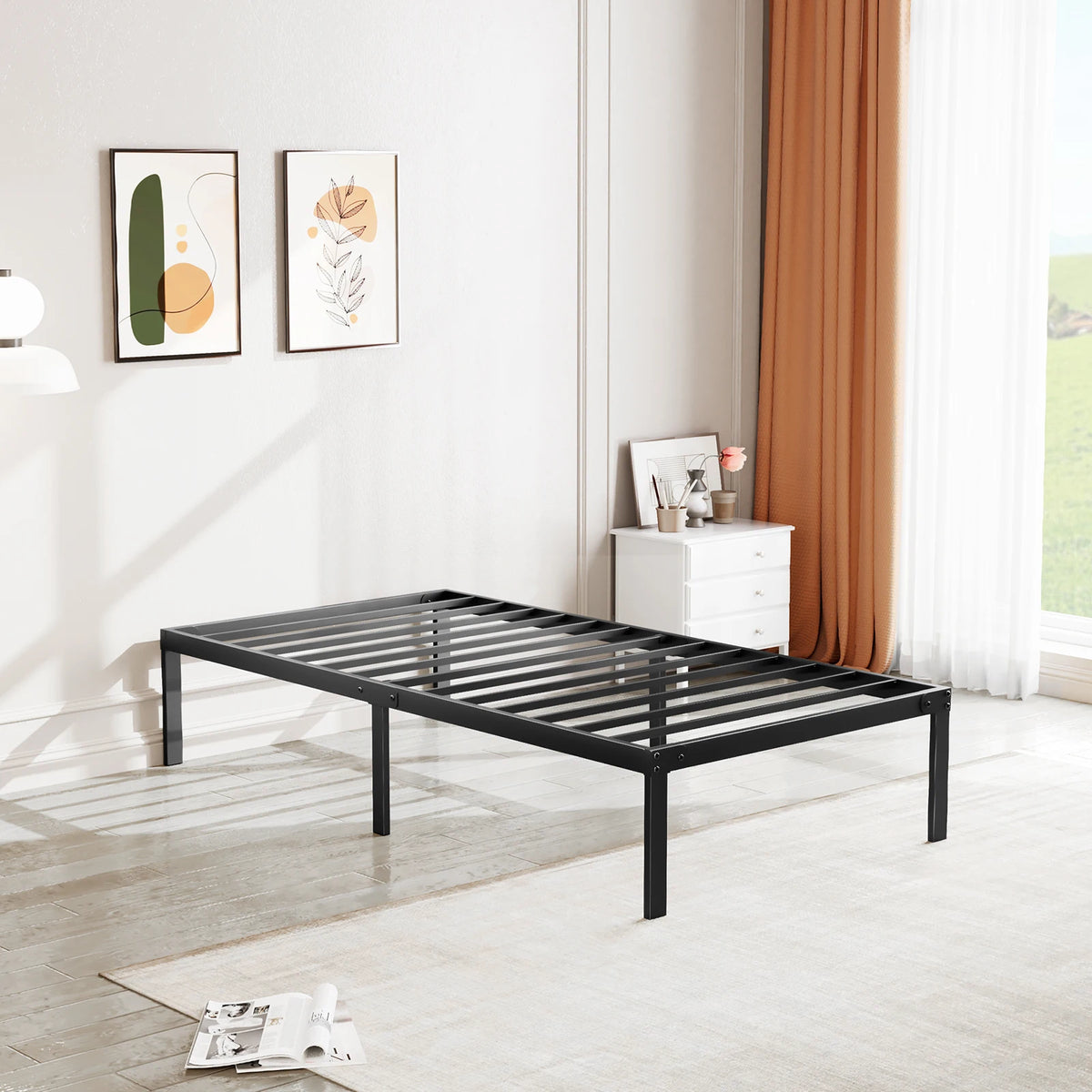 JHK Sturdy Metal Platform Bed Frame With Strong Steel Slats