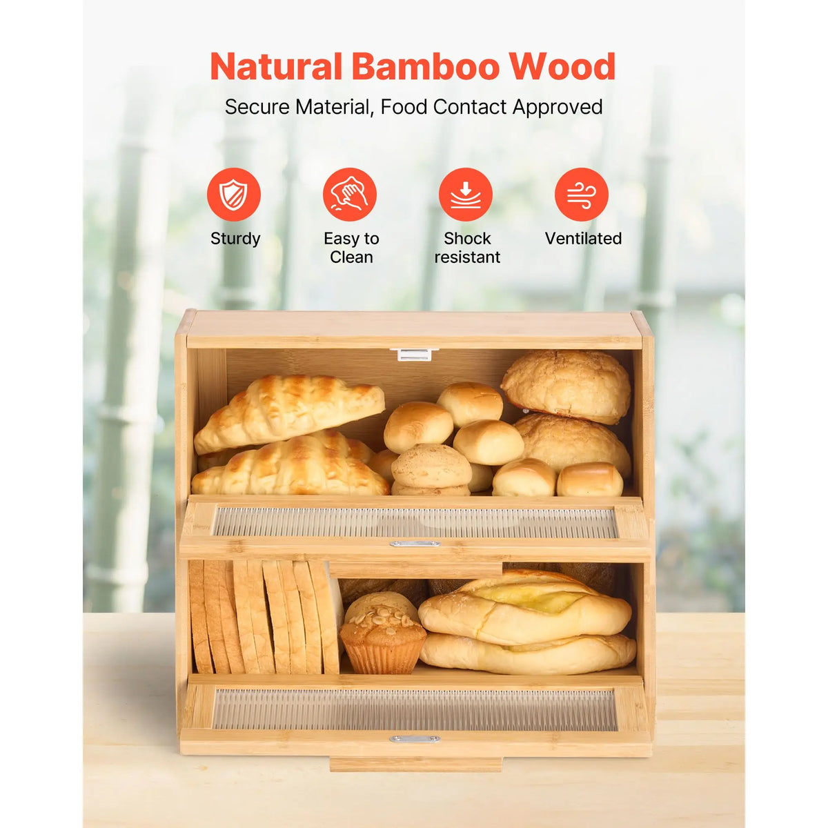 Bamboo Double Layer Bread Box With Acrylic Door Storage