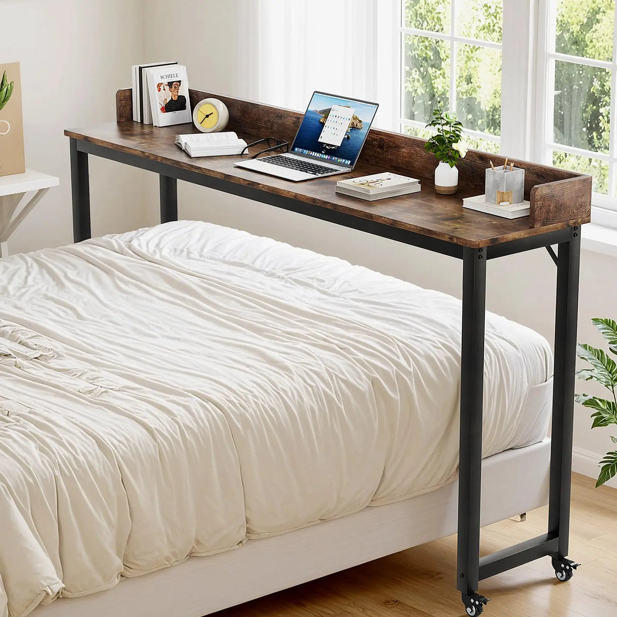 Overbed Table with Wheels,Queen Full Size Mobile Computer Desk,Standing Laptop Cart,Over Bed Table with Heavy Duty Metal Leg,16D x 71W x 41H inch,for Bedroom