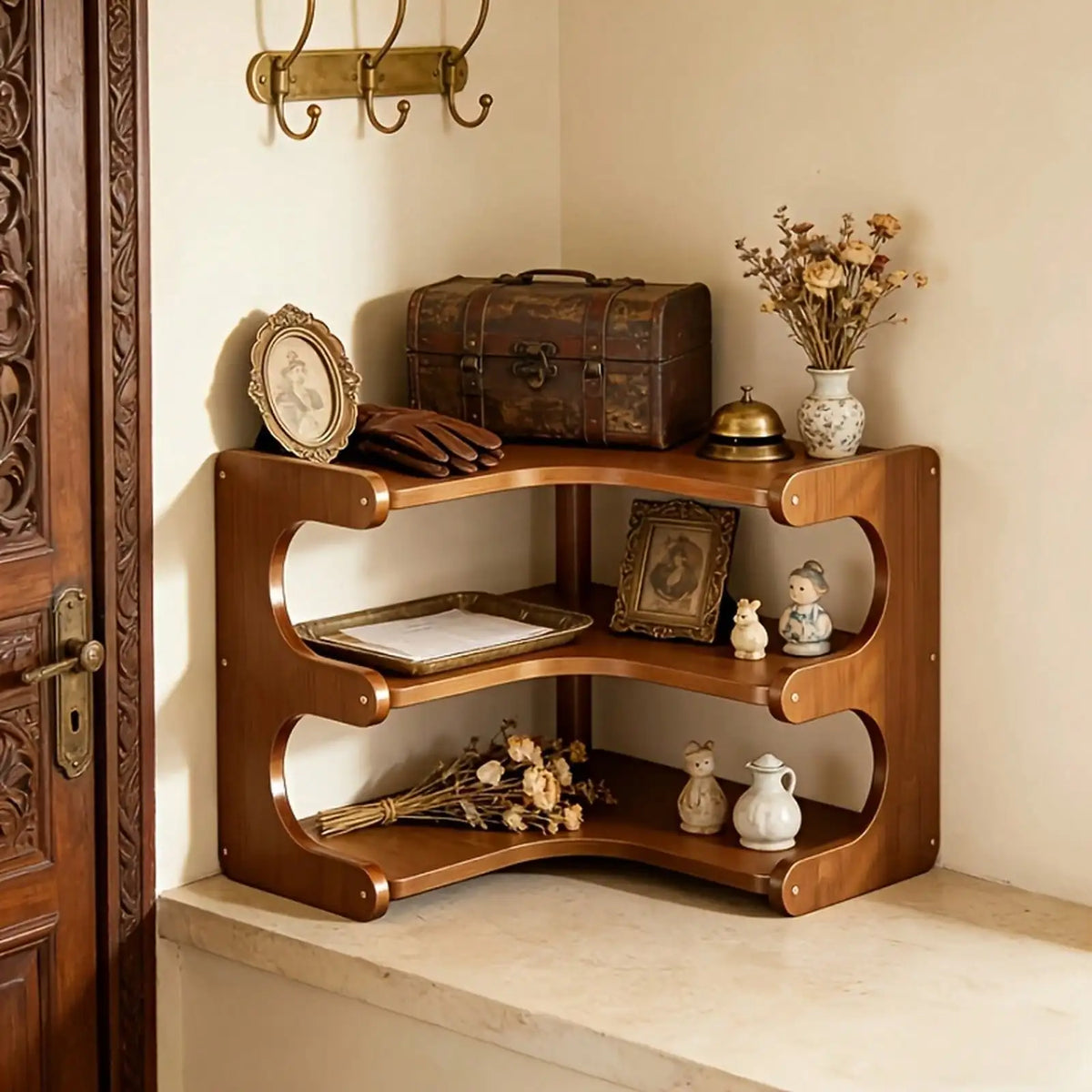 Freestanding Wood Corner Organizer Shelf Multi Tier Storage Rack