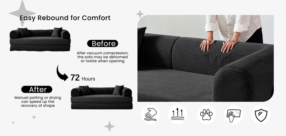 Modern Foldable Convertible Futon Sleeper Sofa With L Shaped Armrests