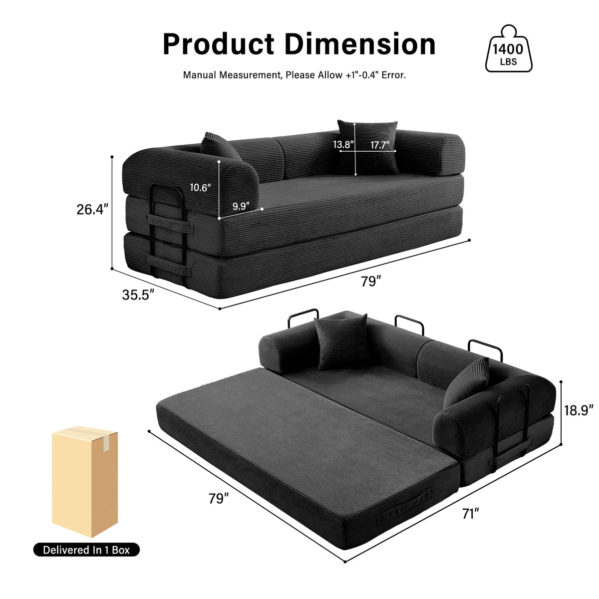 Modern Foldable Convertible Futon Sleeper Sofa With L Shaped Armrests