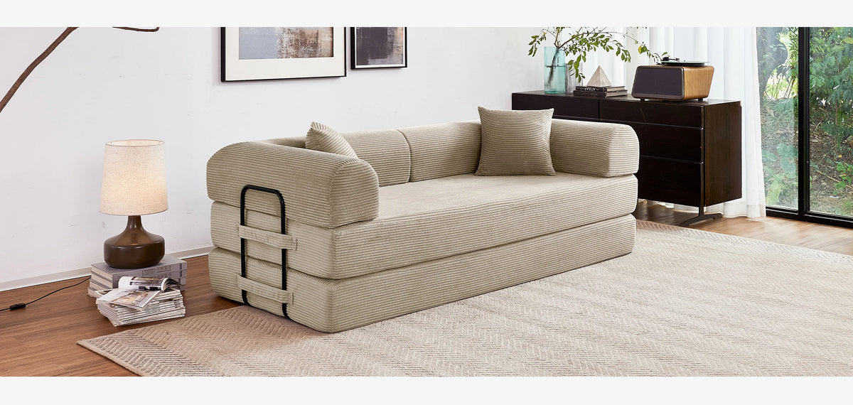 Modern Foldable Convertible Futon Sleeper Sofa With L Shaped Armrests