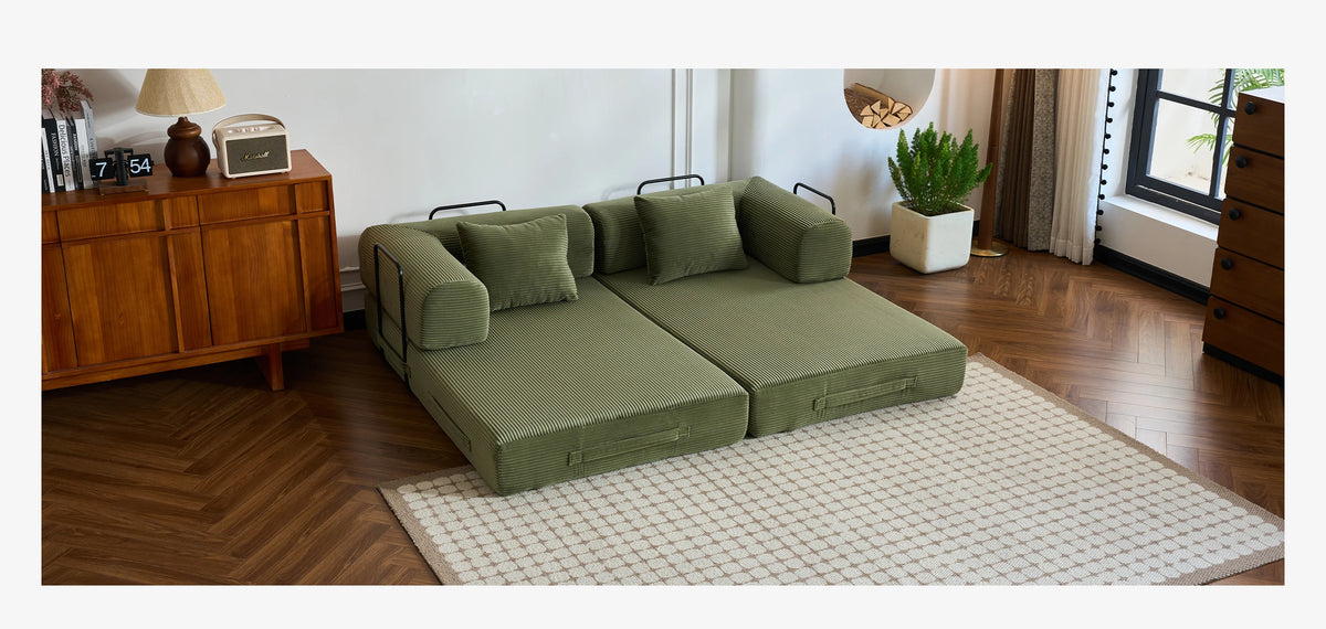 Modern Foldable Convertible Futon Sleeper Sofa With L Shaped Armrests