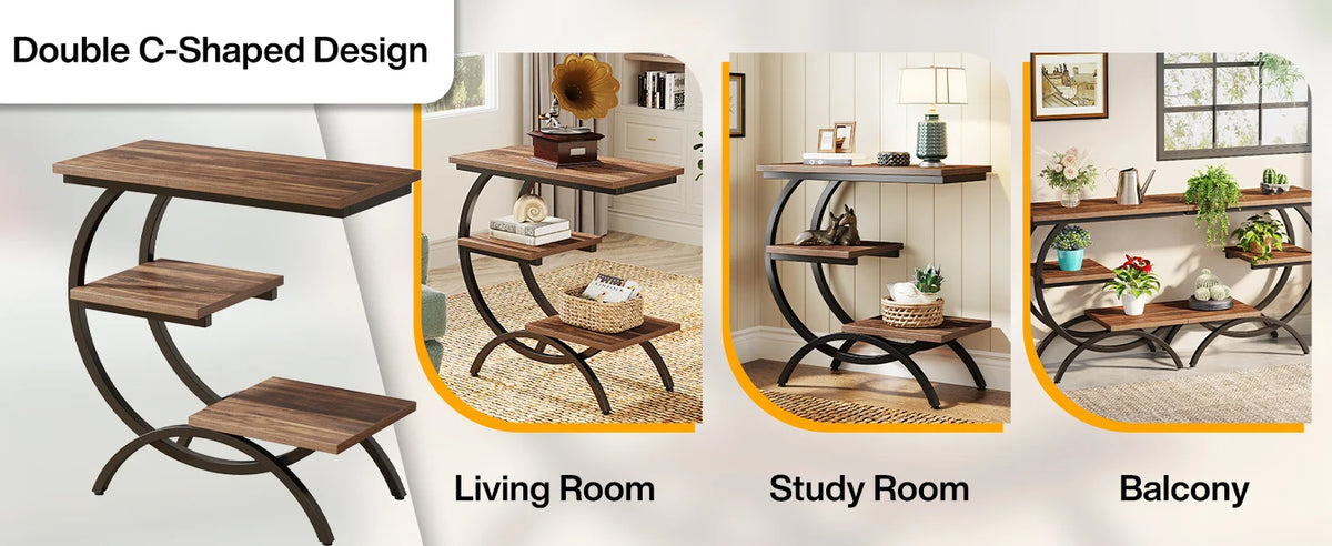Tribesigns C-Shaped Industrial End Table With Three Storage Shelves