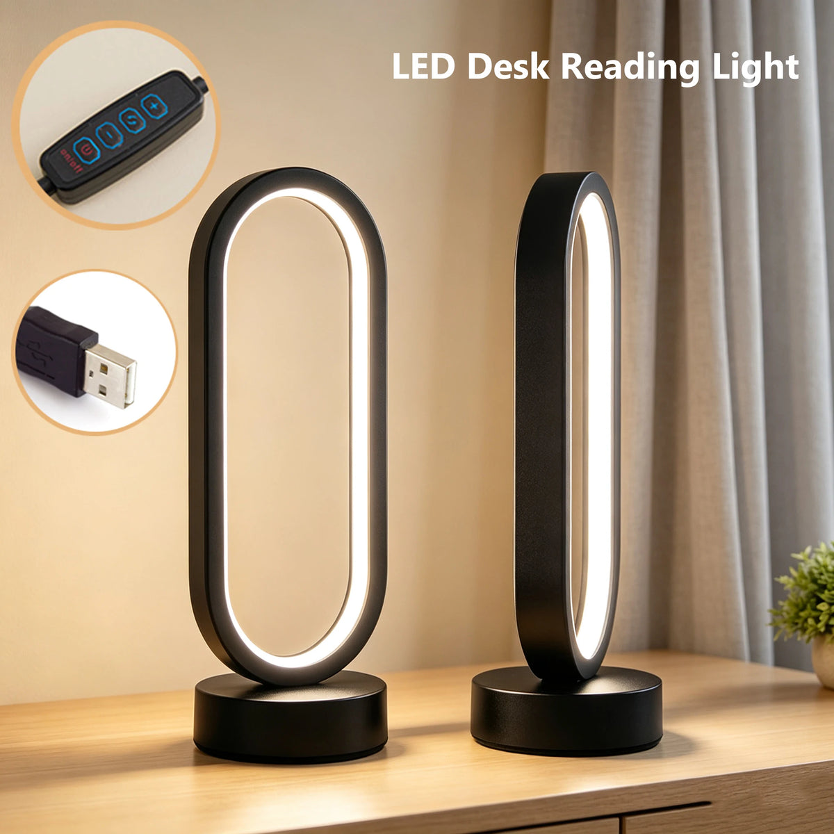 DUMILOO Modern LED Oval Ring Bedside Lamp With Dimmable Light