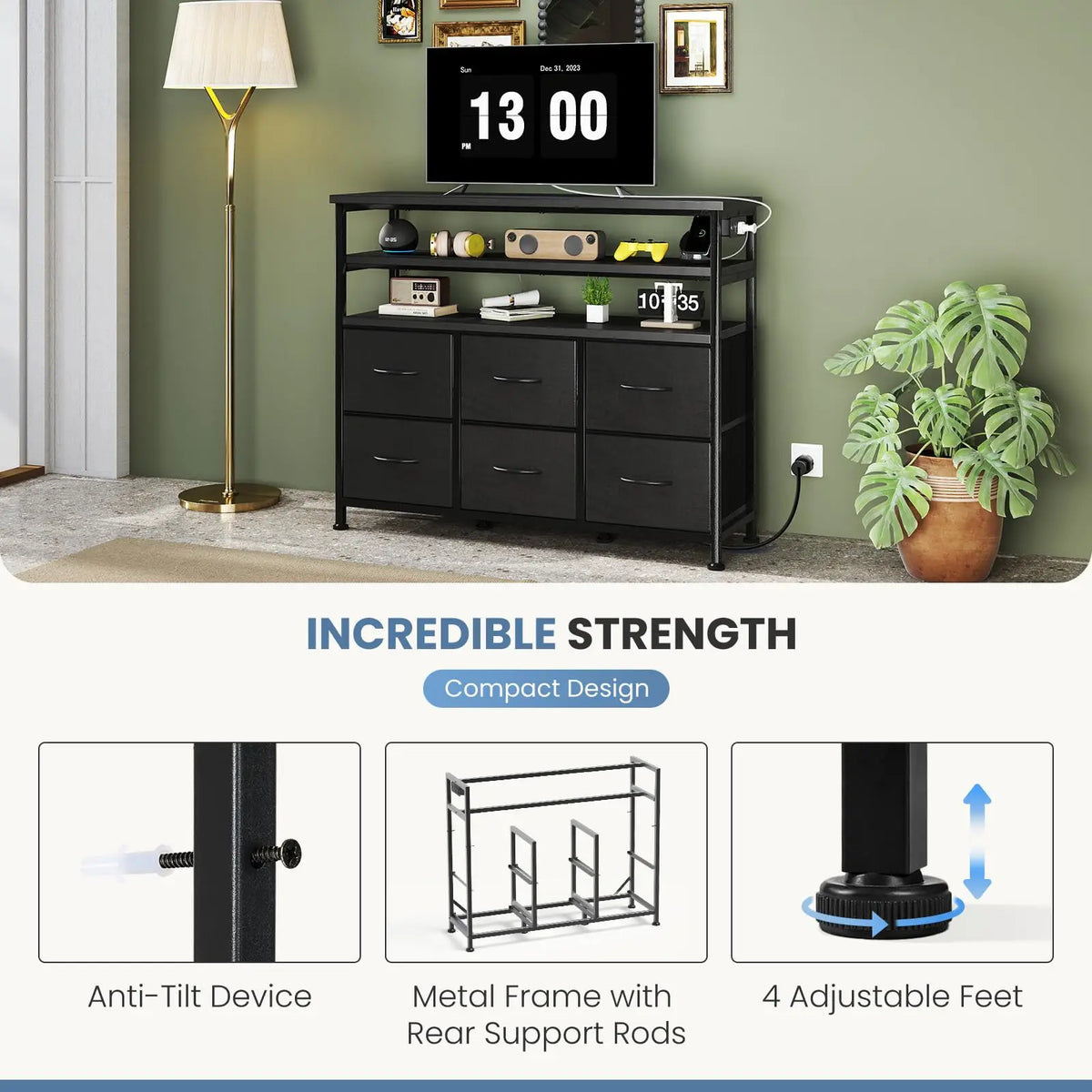 JHK Modern TV Stand Featuring Six Fabric Drawers For Storage