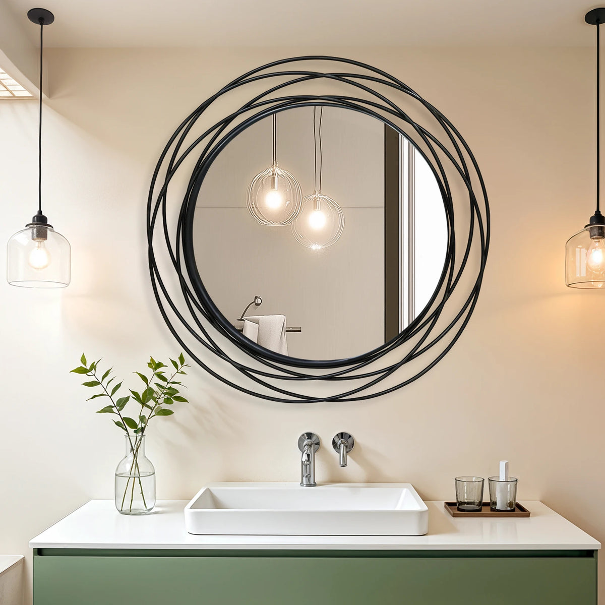 LUVODI Modern Round Wall Mirror With Decorative Iron Wire Frame