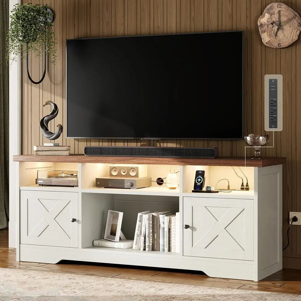 Modern LED TV Stand With Power Outlet And Storage Cabinet