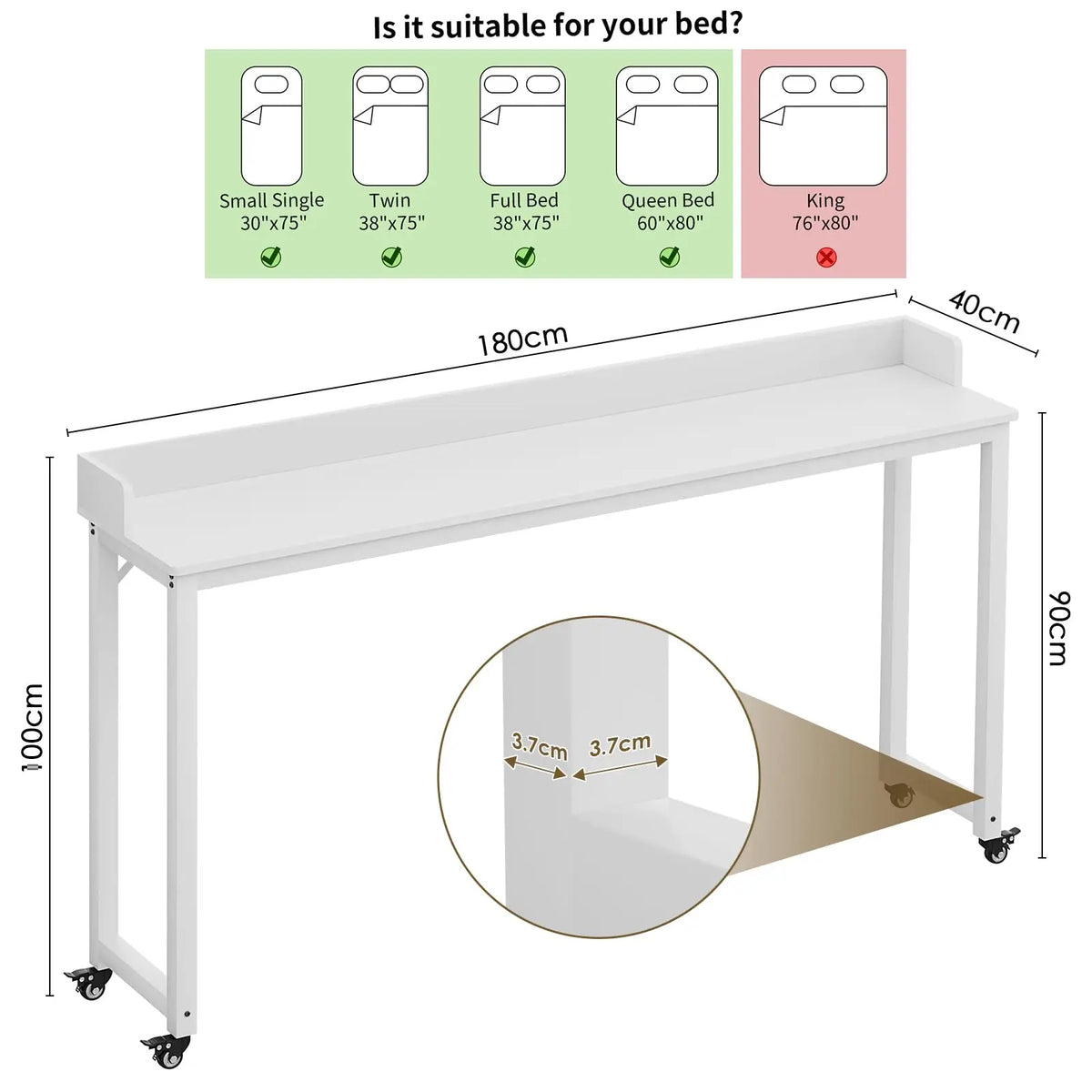Overbed Table with Wheels,Queen Full Size Mobile Computer Desk,Standing Laptop Cart,Over Bed Table with Heavy Duty Metal Leg,16D x 71W x 41H inch,for Bedroom