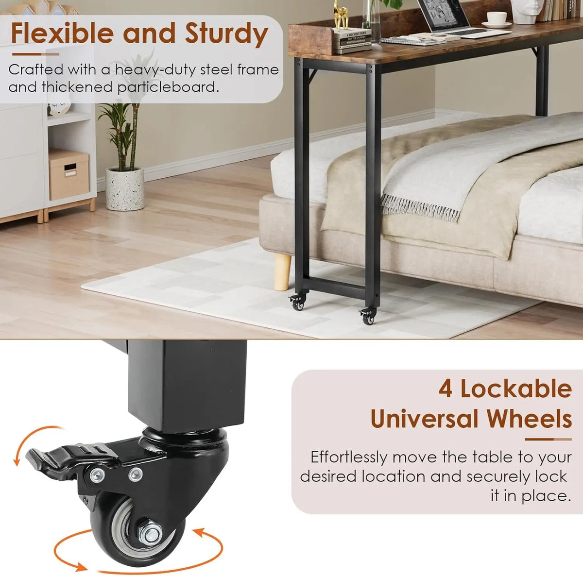 Overbed Table with Wheels,Queen Full Size Mobile Computer Desk,Standing Laptop Cart,Over Bed Table with Heavy Duty Metal Leg,16D x 71W x 41H inch,for Bedroom
