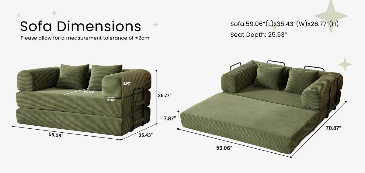 Modern Foldable Convertible Futon Sleeper Sofa With L Shaped Armrests