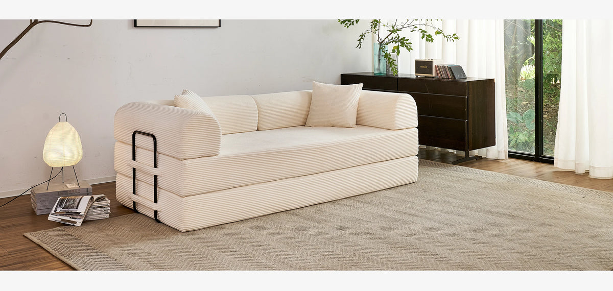 Modern Foldable Convertible Futon Sleeper Sofa With L Shaped Armrests