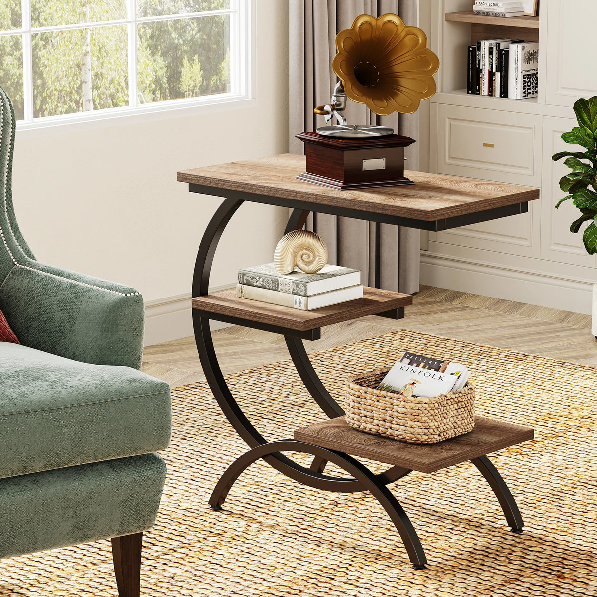 Tribesigns C-Shaped Industrial End Table With Three Storage Shelves