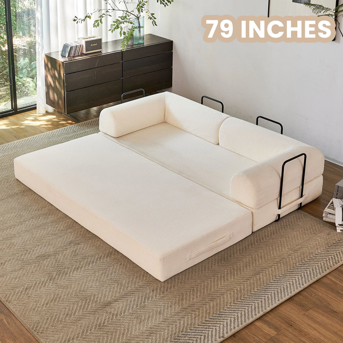 Modern Foldable Convertible Futon Sleeper Sofa With L Shaped Armrests