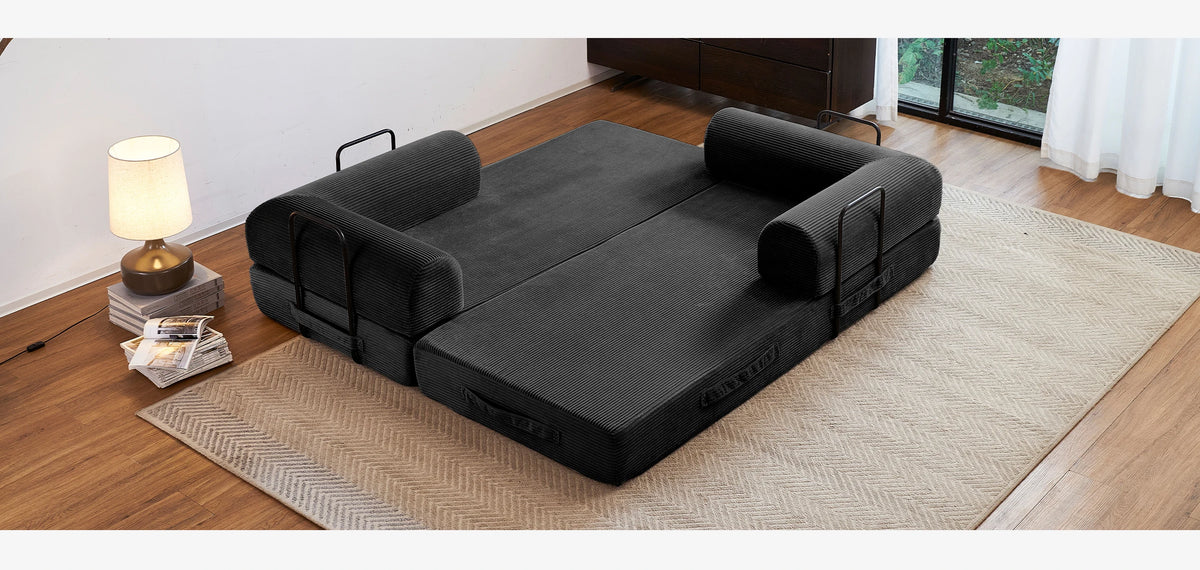 Modern Foldable Convertible Futon Sleeper Sofa With L Shaped Armrests