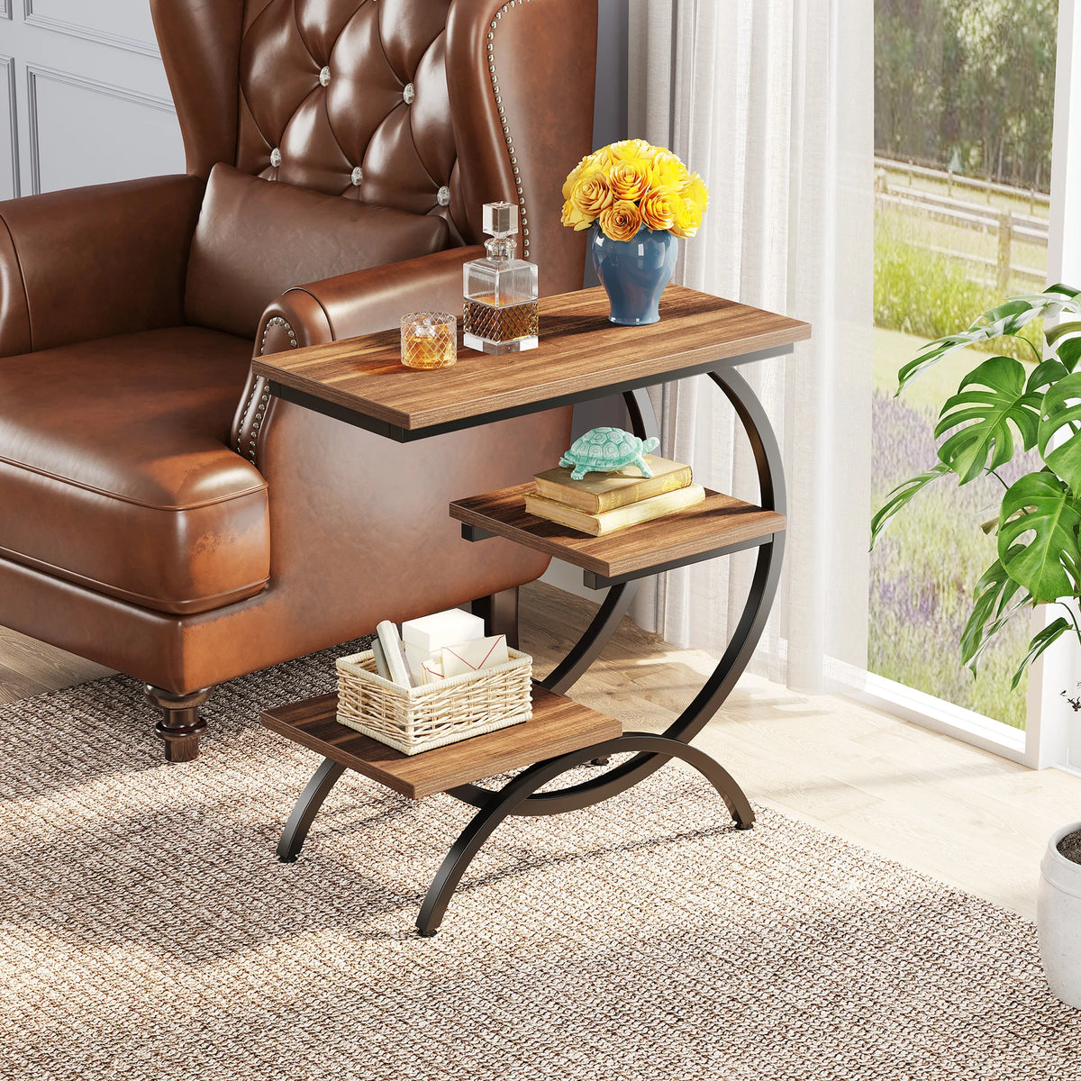 Tribesigns C-Shaped Industrial End Table With Three Storage Shelves