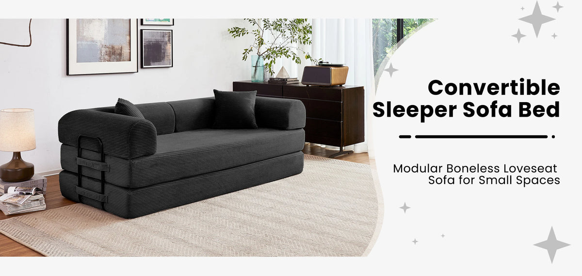 Modern Foldable Convertible Futon Sleeper Sofa With L Shaped Armrests