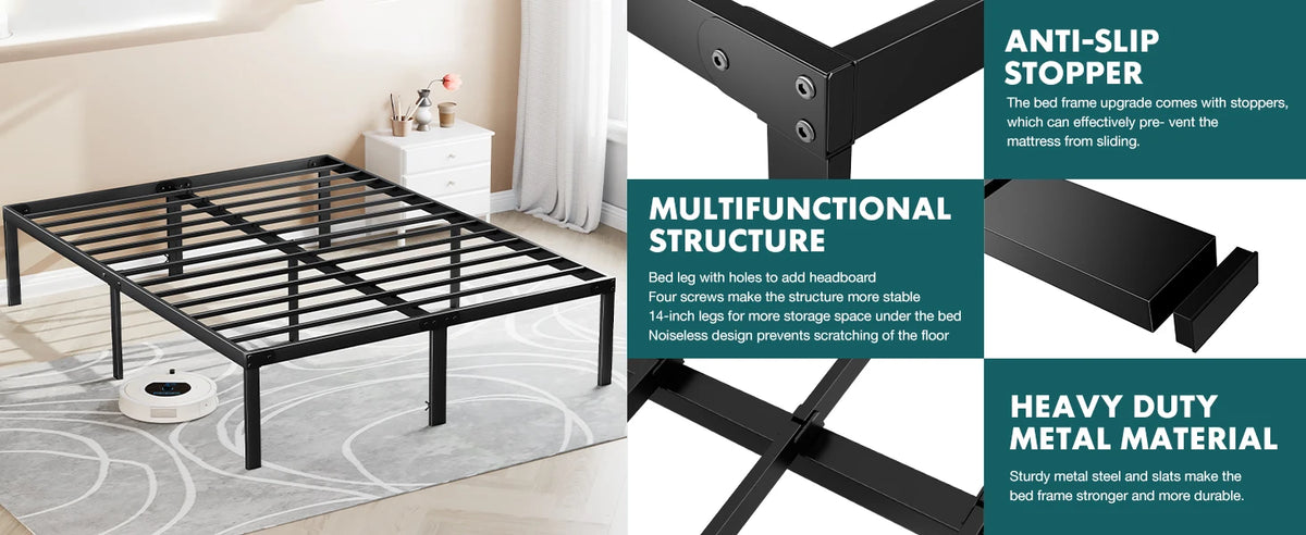 JHK Sturdy Metal Platform Bed Frame With Strong Steel Slats