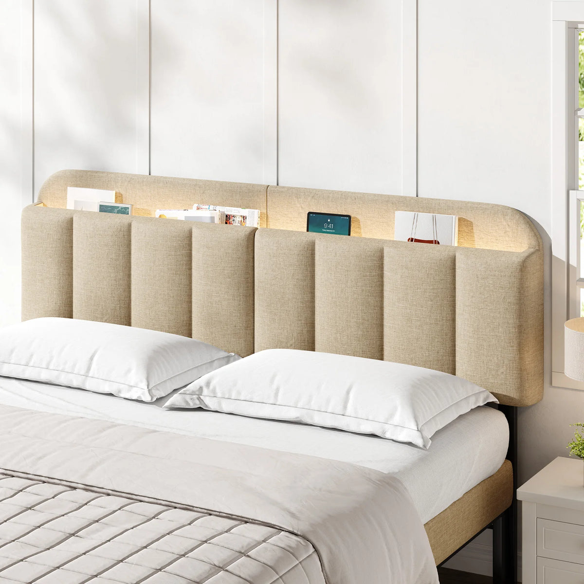 Adjustable Headboard for Full King Size Bed Frame,Linen Fabric Bed Headboard Storage & RGB LED Light in Vertical Channel Design