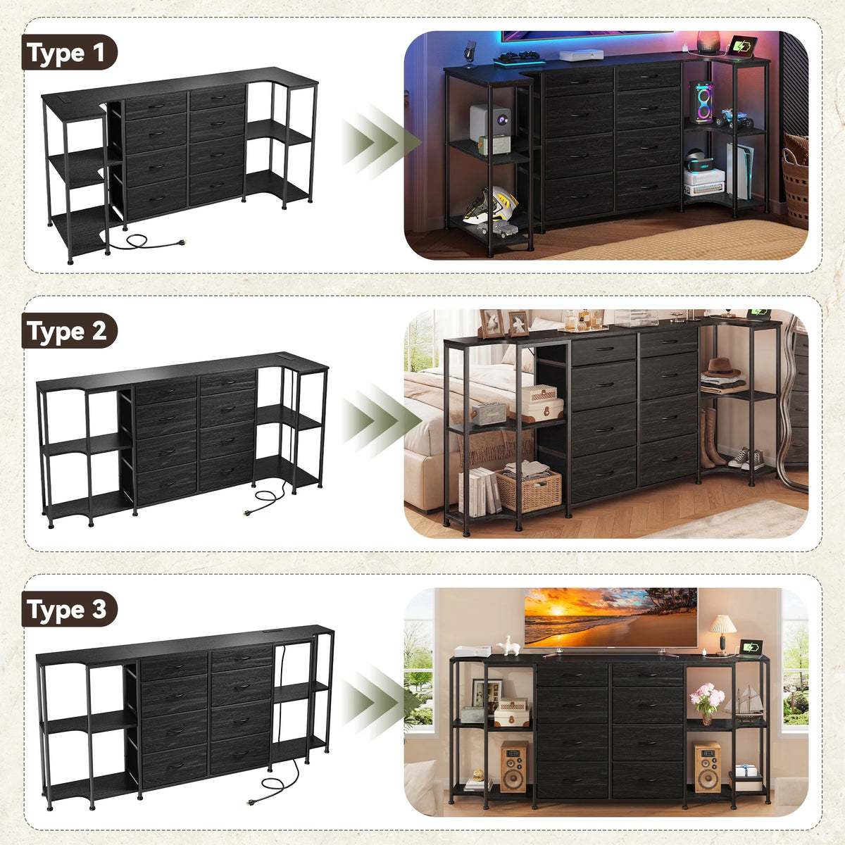 EnHomee Modern TV Stand Dresser With Dual Power Outlets