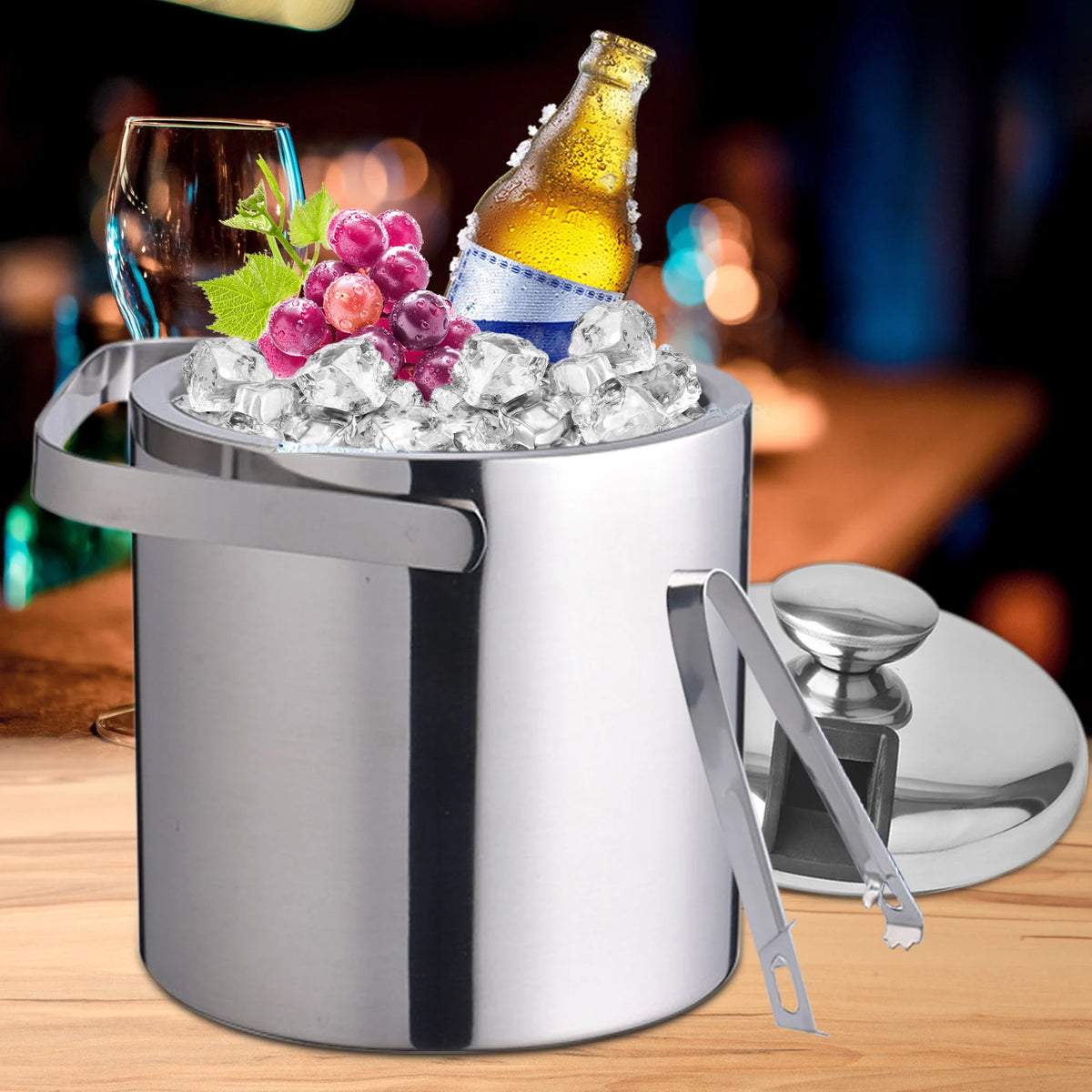 Double Wall Stainless Steel Ice Bucket With Tongs And Lid