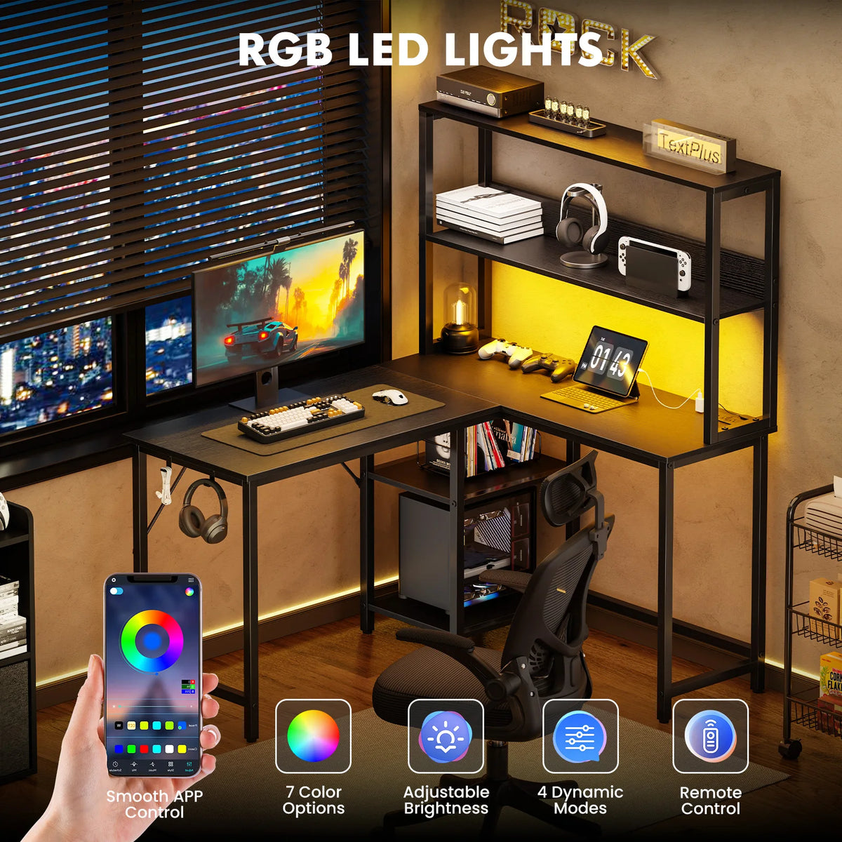 JHK 53 Inch L Shaped Gaming Desk with LED Light Reversible Computer Desk with Adjustable Shelf USB Power Outlet Corner Desk with CPU Stand for Home Office